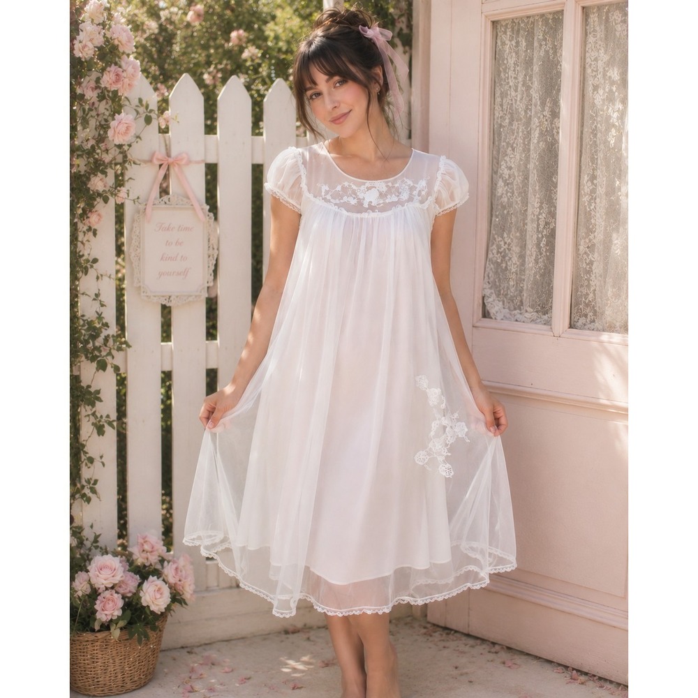 Vintage Laros White Chiffon Peignoir Nightgown Sheer Bridal Coquette Small